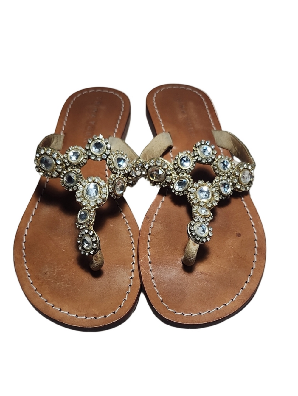 TRINA TURK Brown gold leather Embellished Crystal T-Strap Sandals